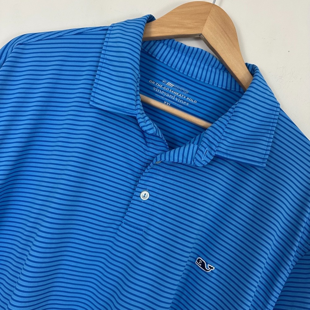 Vineyard Vines On The Go Sankaty Polo Shirt Blue Striped Stretch Golf Mens 2XL